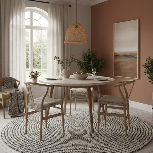 Rug styled under a dining table setting