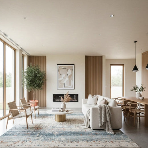Medium sized rug styled in a living room
