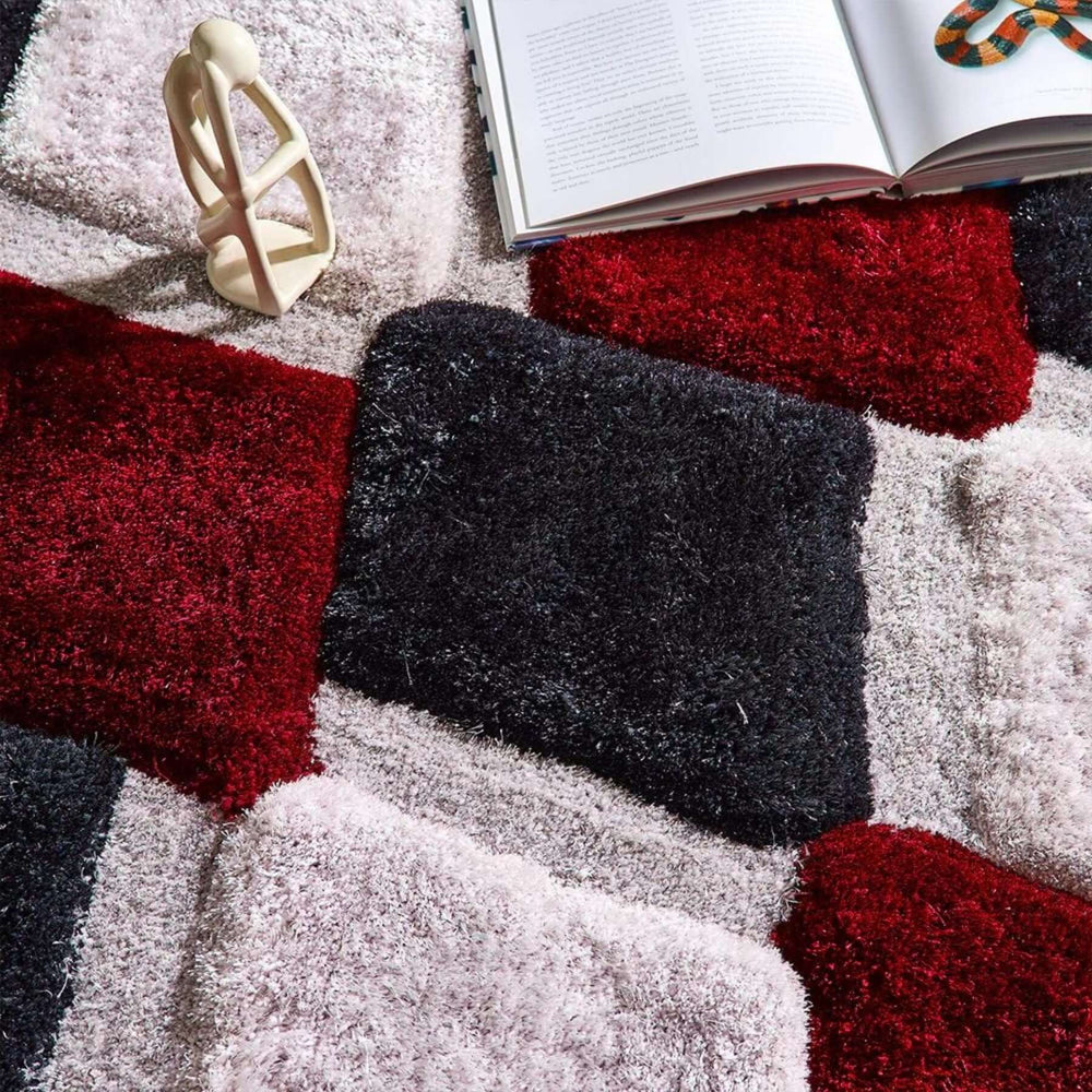 3D Red Geometric Shaggy Rug | Luxurious Polyester | The Rugs