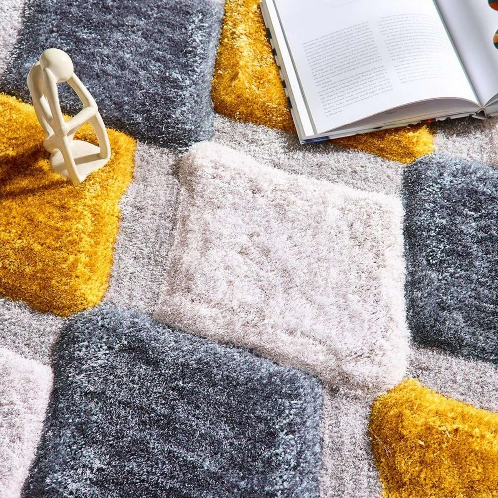 3D Ochre Geometric Shaggy Rug | Stunning Design | The Rugs