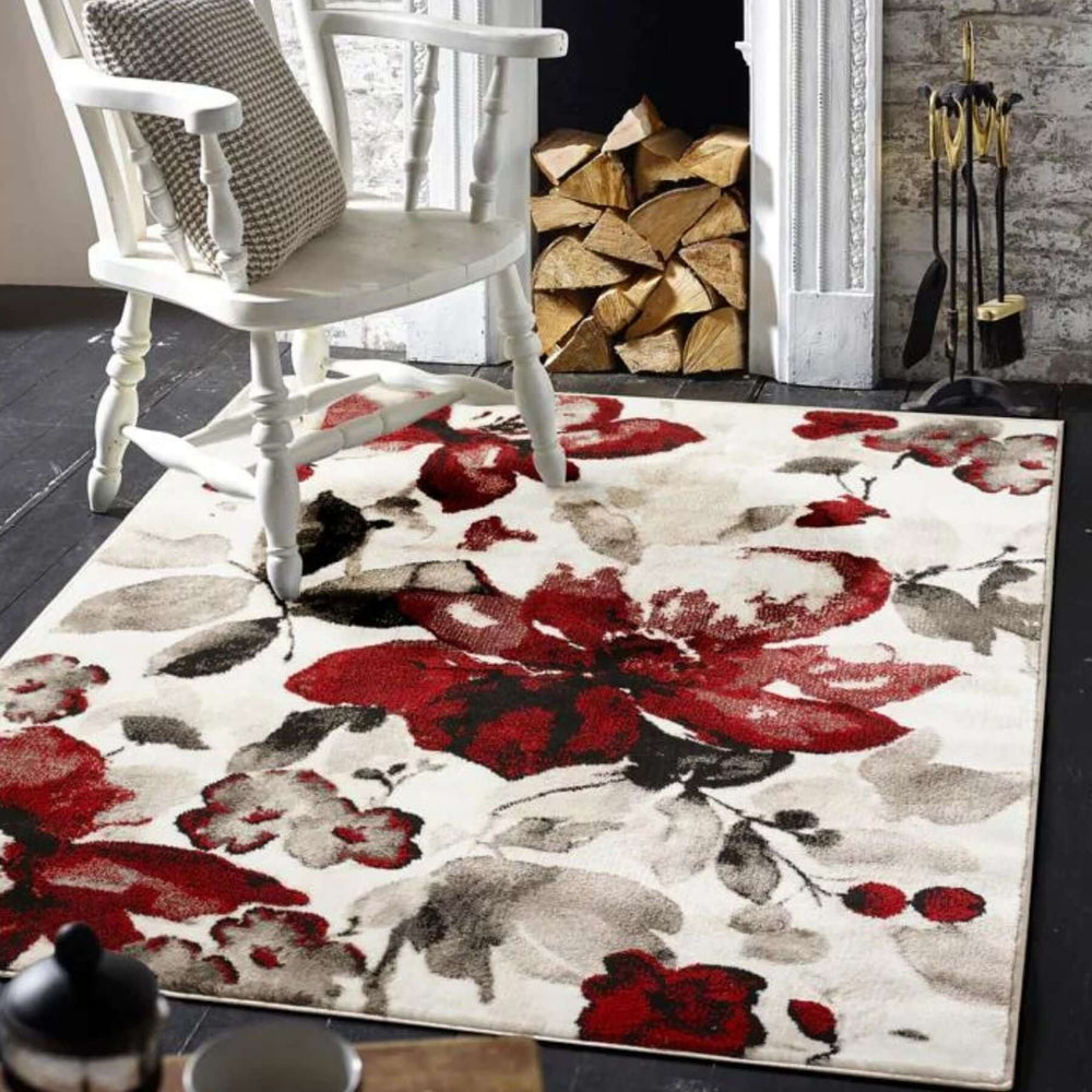 Watercolour Floral Design Rug - Red | Elegant Home |The Rugs