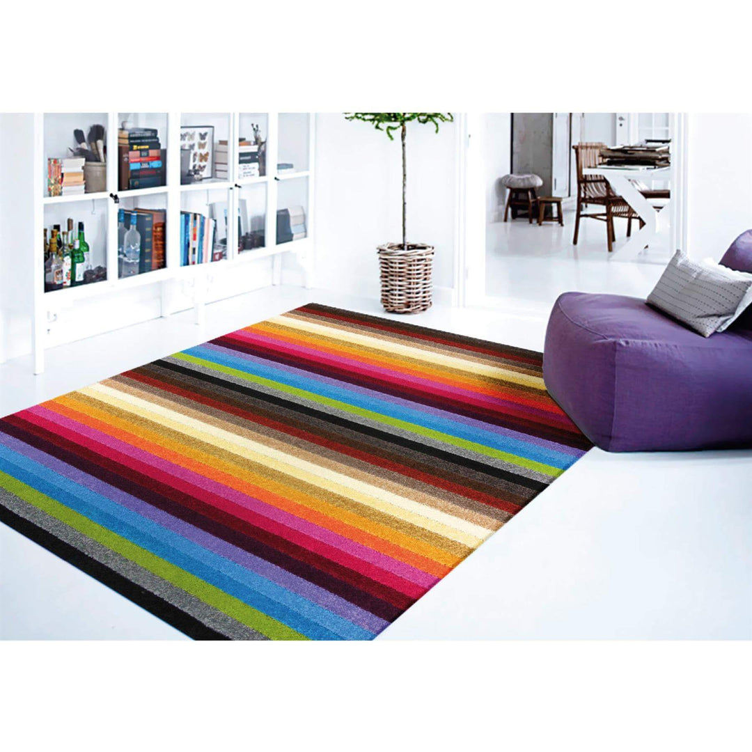 Machine Washable Stripe Design Rug in Rainbow Colours
