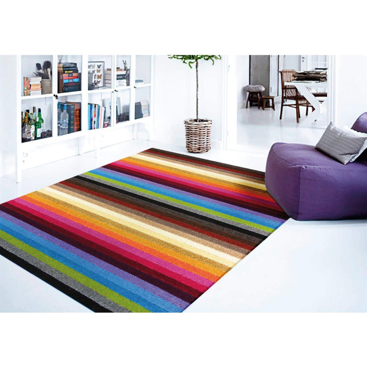 Machine Washable Stripe Design Rug in Rainbow Colours