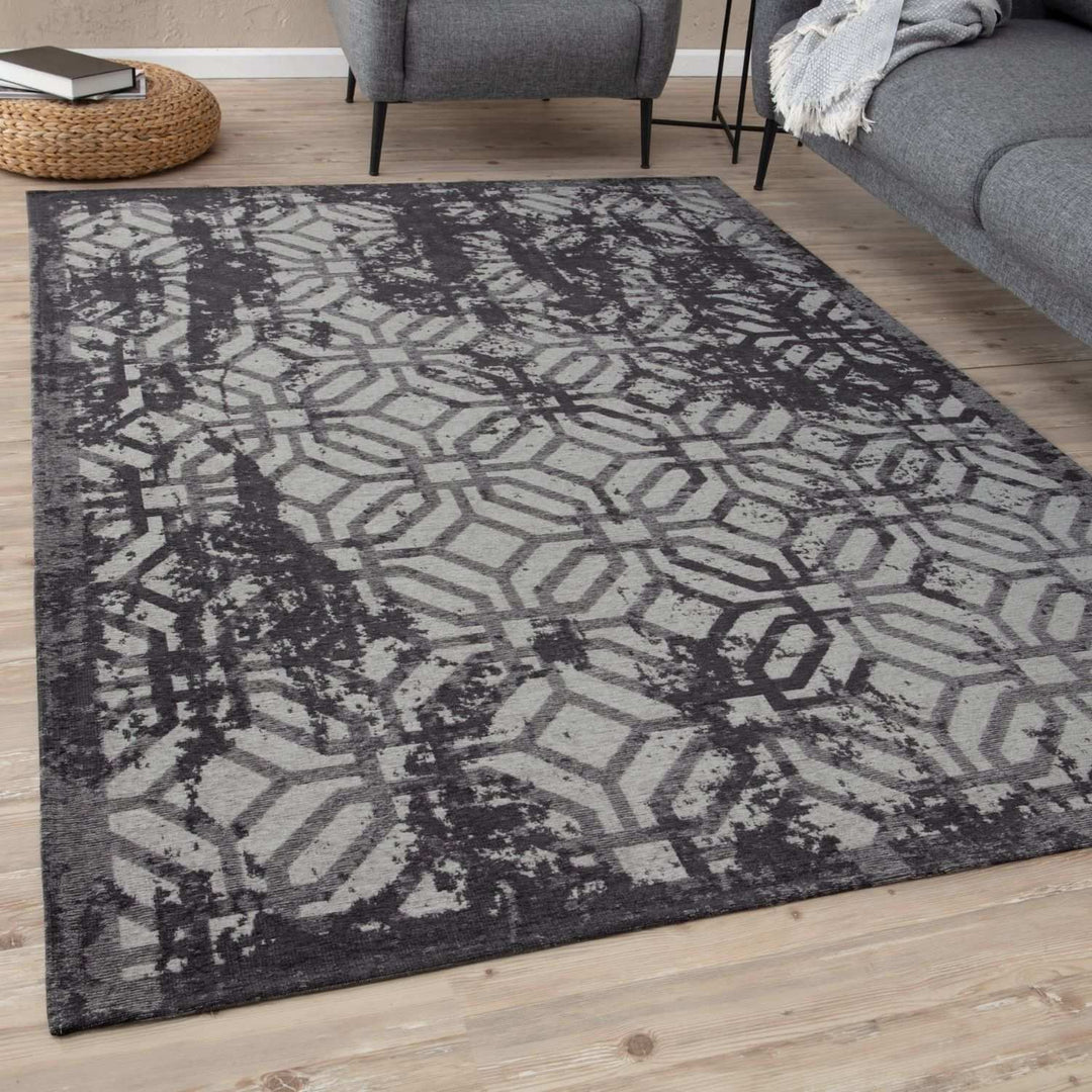 Machine Washable Flatweave Rug Geometric Black