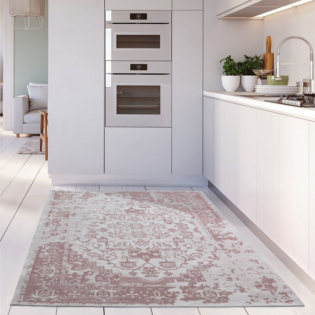 Machine Washable Flatweave Rug Oriental in Pink