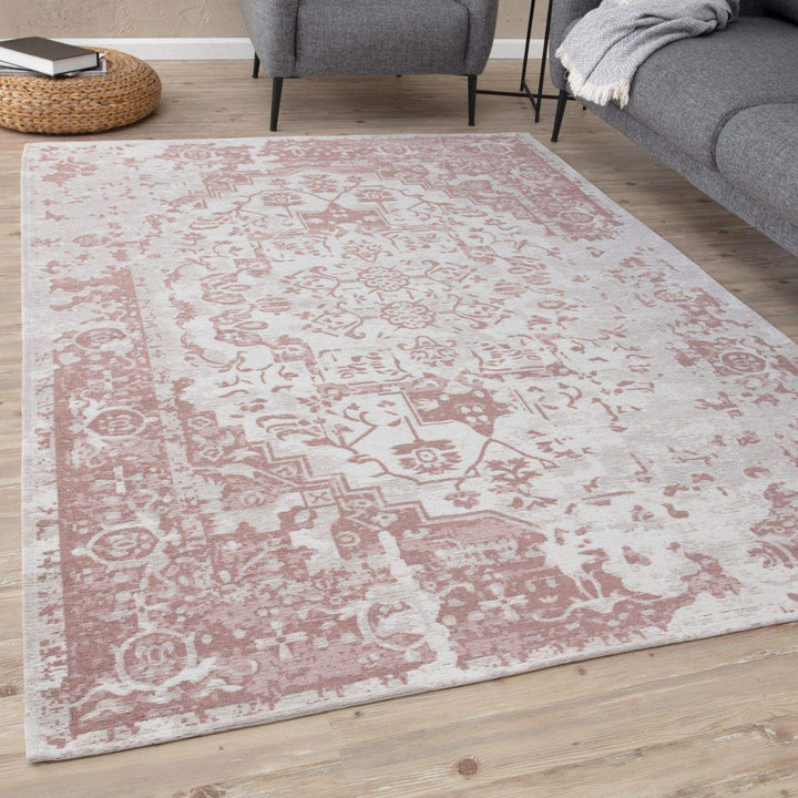 Machine Washable Flatweave Rug Oriental in Pink