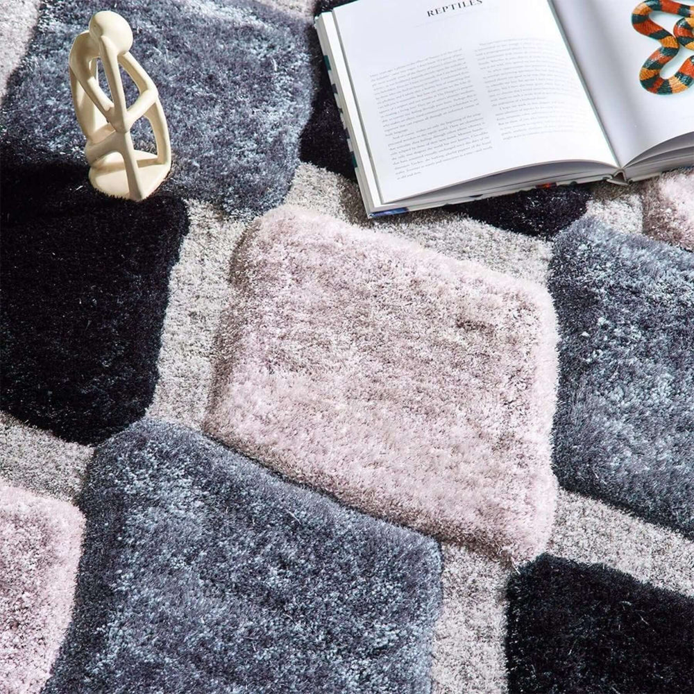 3D Grey Geometric Shaggy Rug | Ethereal Dimensions |The Rugs