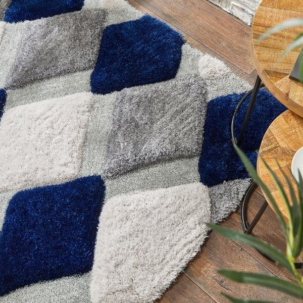 3D Navy Geometric Shaggy Rug | Visual Luxury | The Rugs