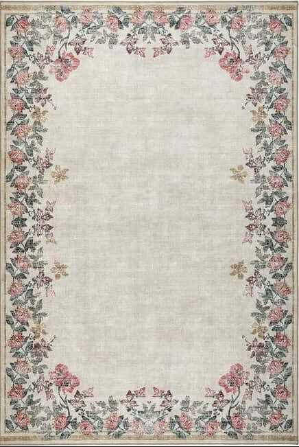 The Rugs Eco-Washable Cream Rug with Floral Border Design