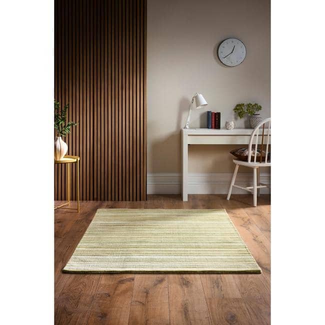 The Rugs Hand Made Striped Design Wool Rug | Green & Beige