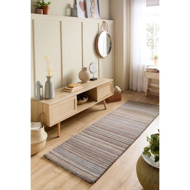 The Rugs Hand Made Striped Design Wool Rug | Green & Beige