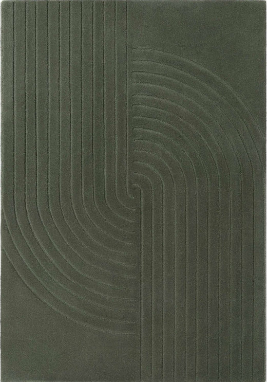 Dark green rug with wavy pattern on a plain background