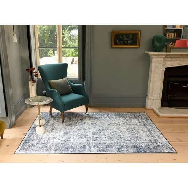 The Rugs Eco-Washable Blue Rug Bordered Design