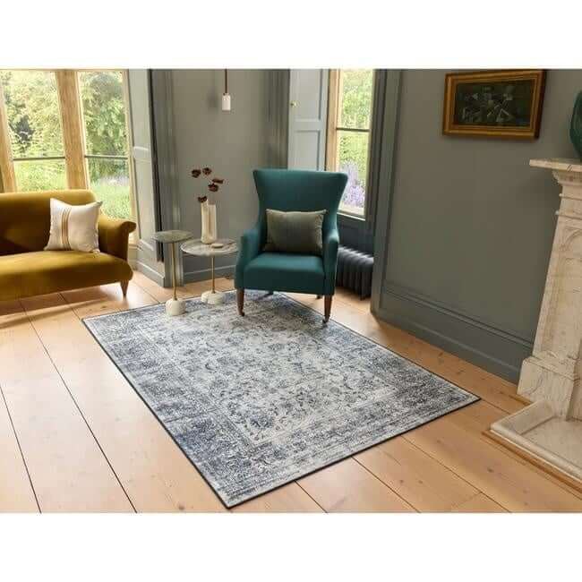 The Rugs Eco-Washable Blue Rug Bordered Design