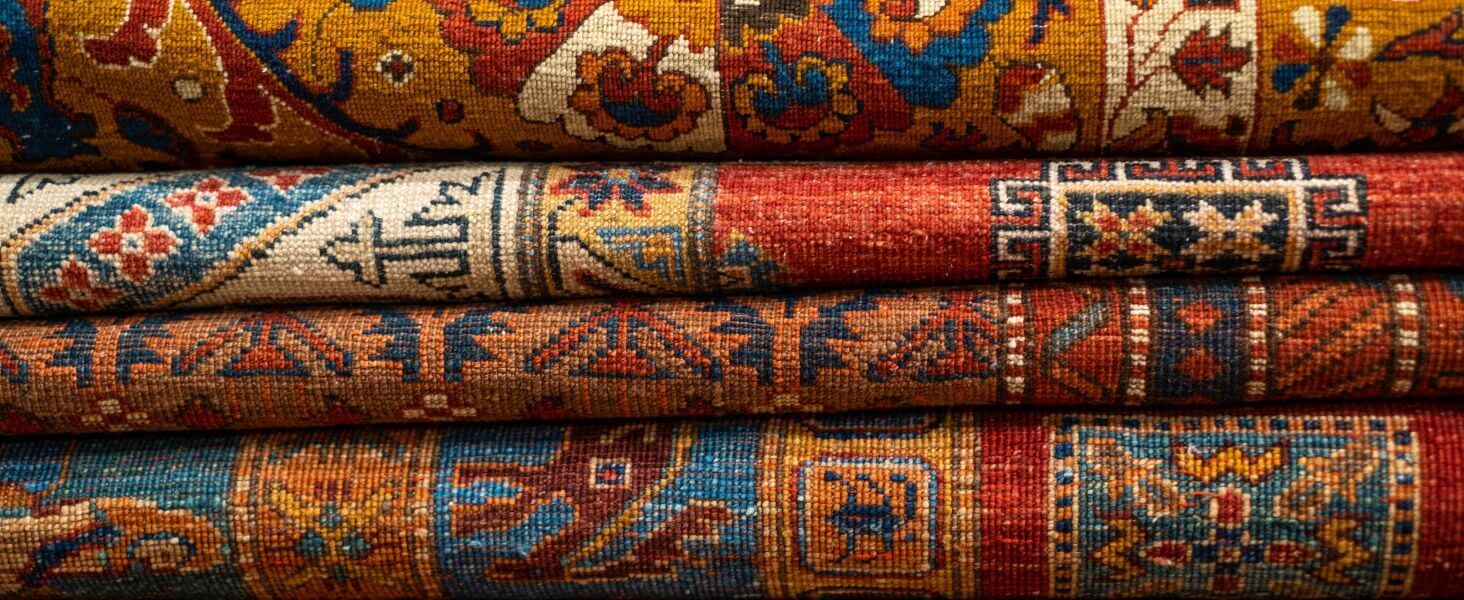 Close-up of vibrant, patterned woven carpets in rich colors and intricate designs stacked neatly.