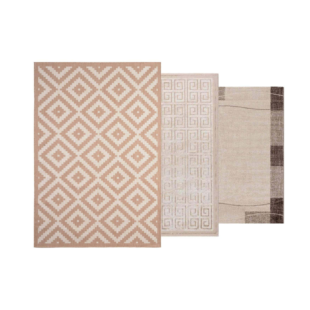 Three stylish area rugs with geometric patterns in beige and cream tones, perfect for home decor.