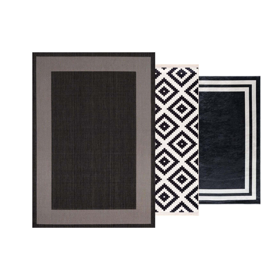 Three stylish area rugs featuring geometric and modern designs in black and cream tones.