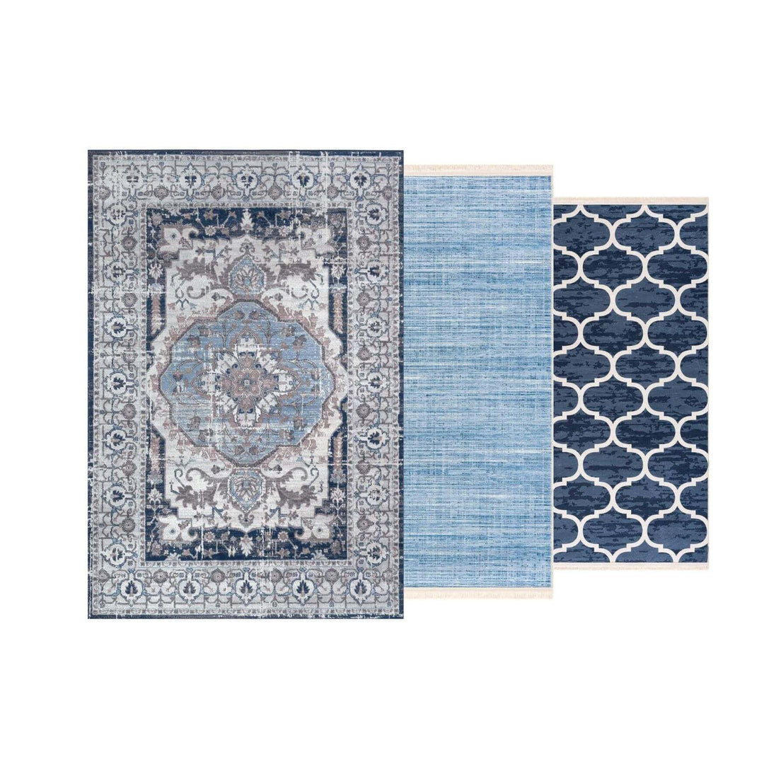 Three decorative area rugs in blue tones, showcasing intricate patterns and textures, ideal for home decor.