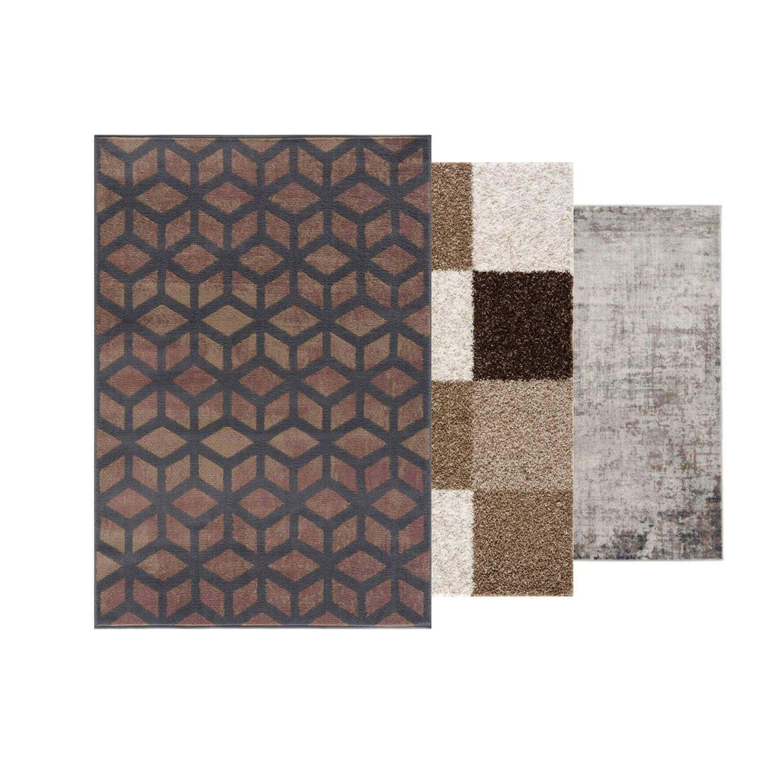 Collection of modern area rugs featuring geometric patterns and textures in various colors and styles.