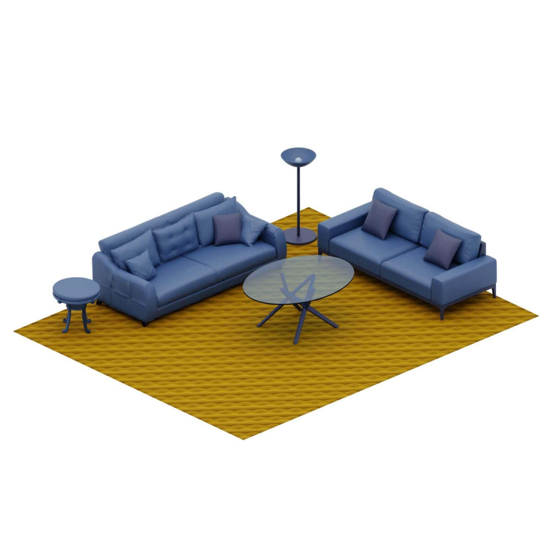 Modern living room setup with blue sofas, a glass coffee table, and a lamp on a yellow rug.