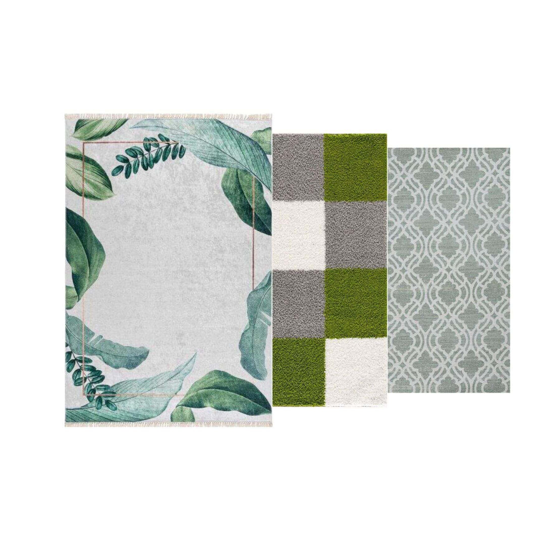Three decorative rugs featuring leafy patterns, geometric designs, and varying shades of green and gray.