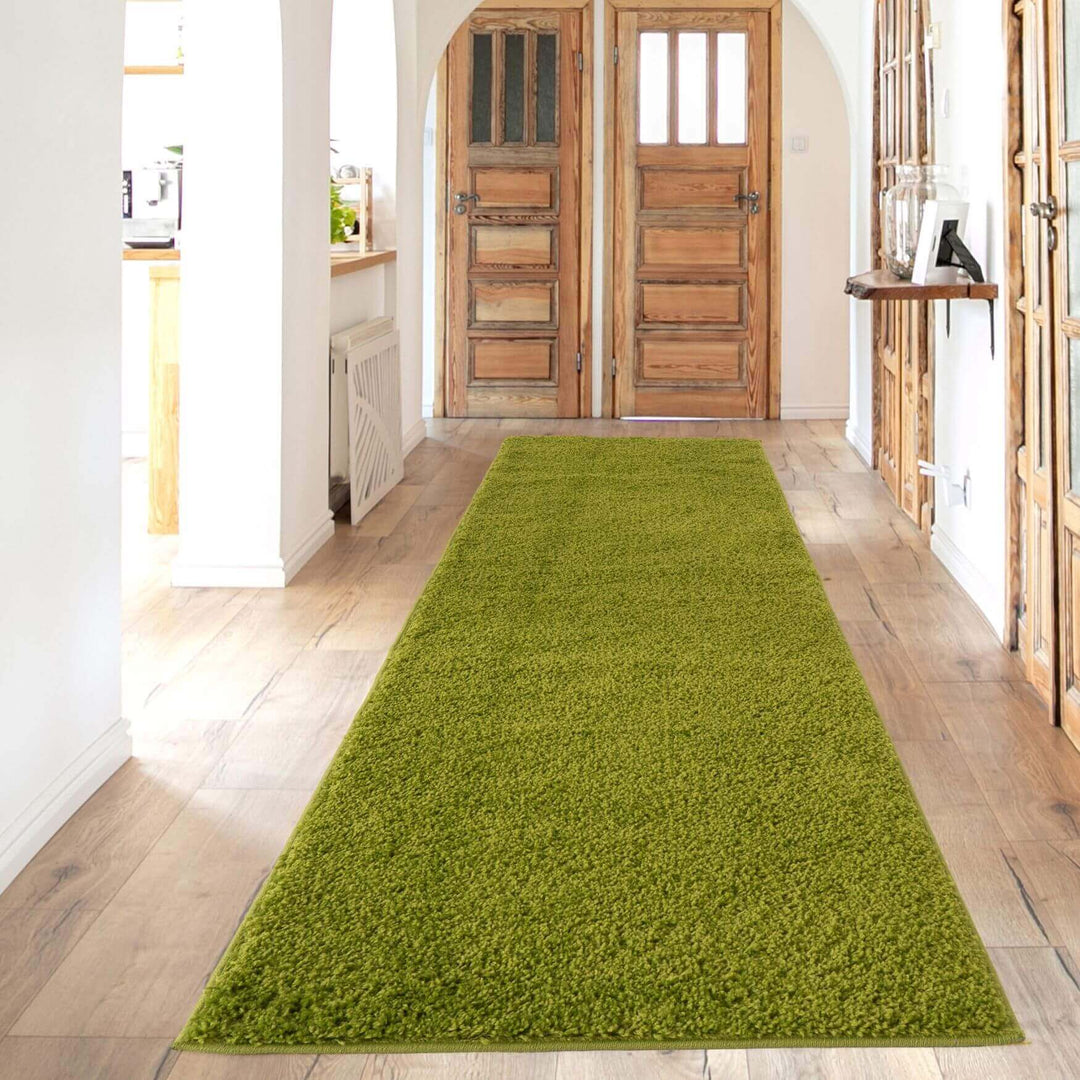 Long green shag rug in a bright hallway leading to wooden double doors.