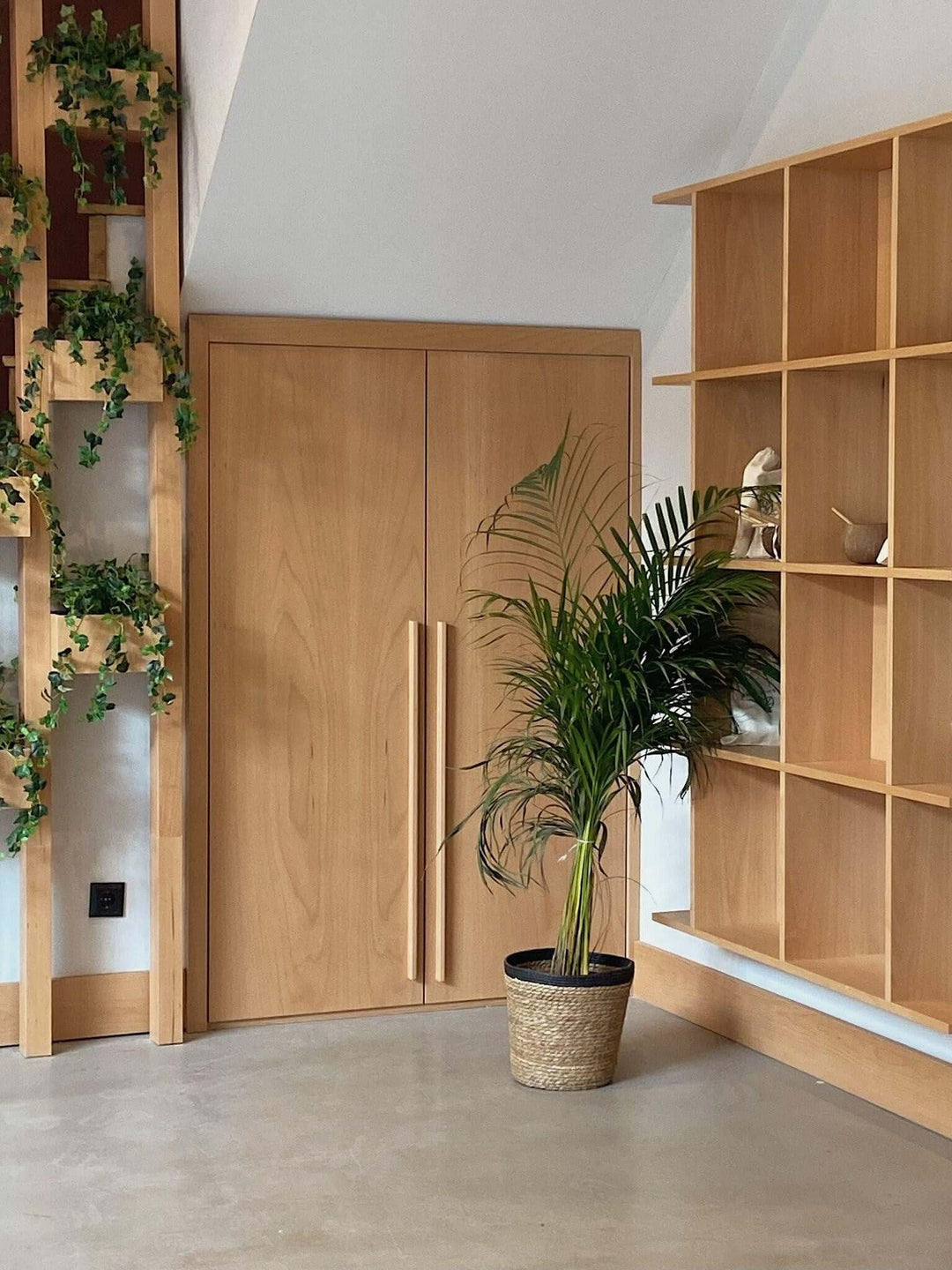 Modern interior showcasing wooden cabinetry and a potted palm plant in a sleek home setting.