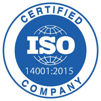 ISO 14001:2015 certification badge indicating environmental management standards for a certified company.