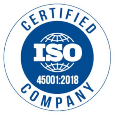 ISO 45001:2018 certified company logo demonstrating commitment to occupational health and safety standards.