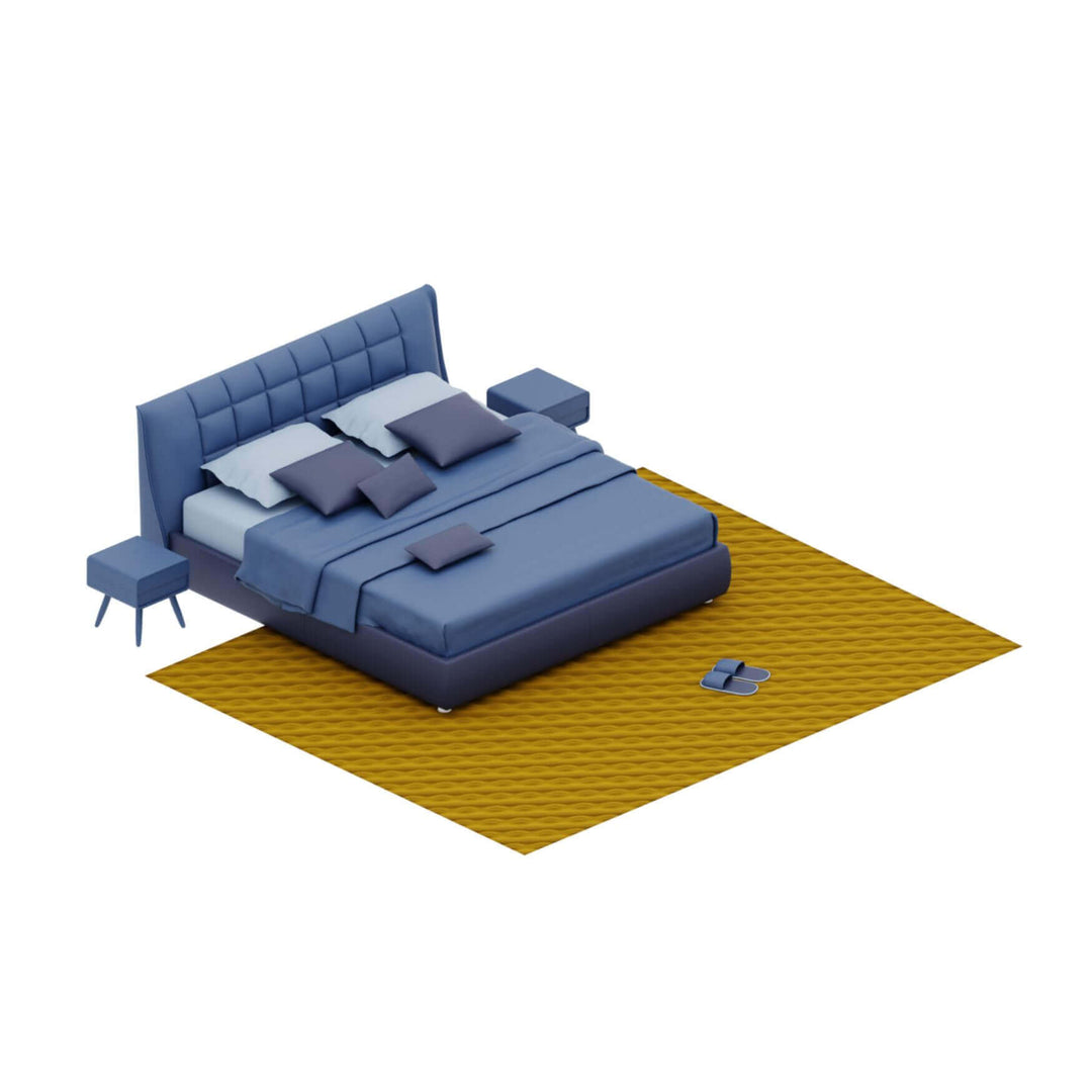 Modern bedroom with a stylish blue bed, pillows, nightstands, and a cozy yellow rug.