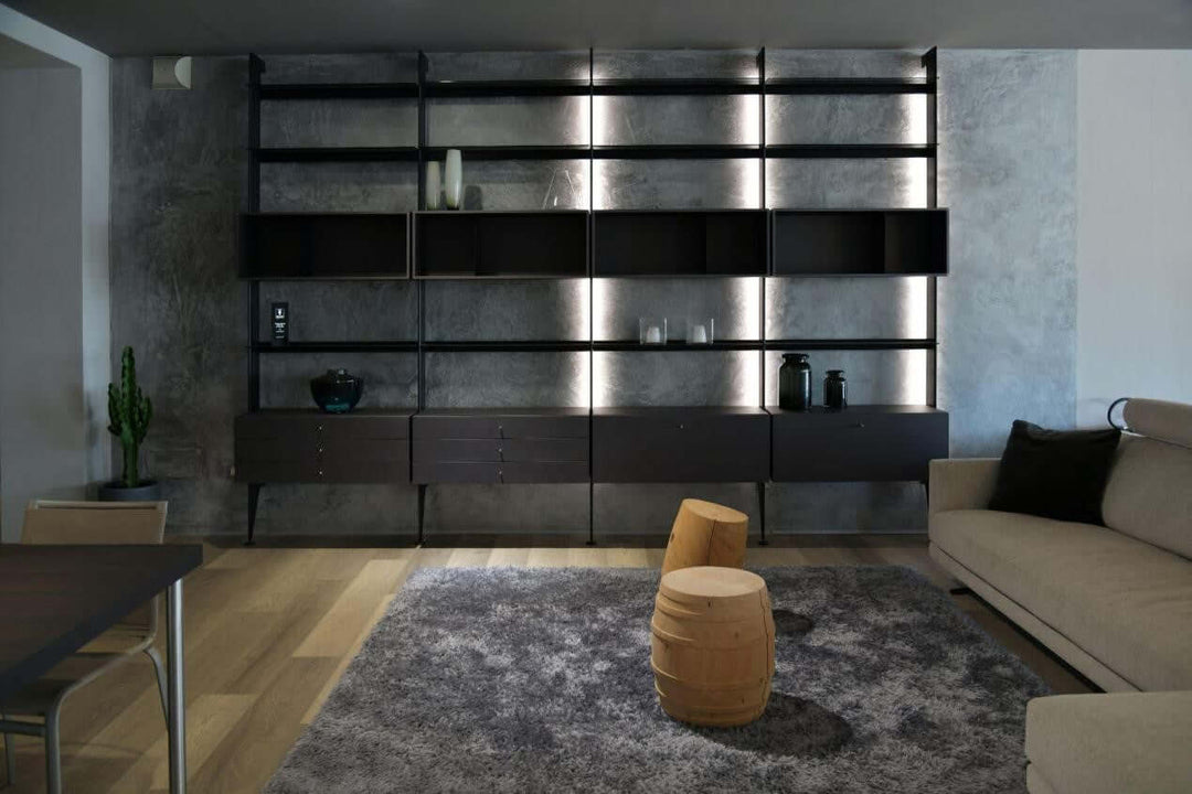 Modern living room with minimalist decor, featuring a dark shelving unit, stylish furniture, and a cozy area rug.