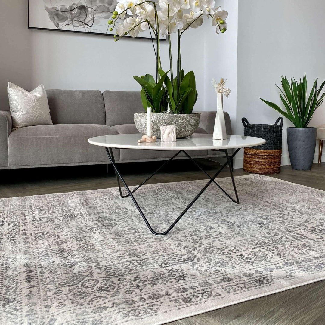 Stylish living room with a gray sofa, coffee table, plants, and a decorative rug for modern home decor.