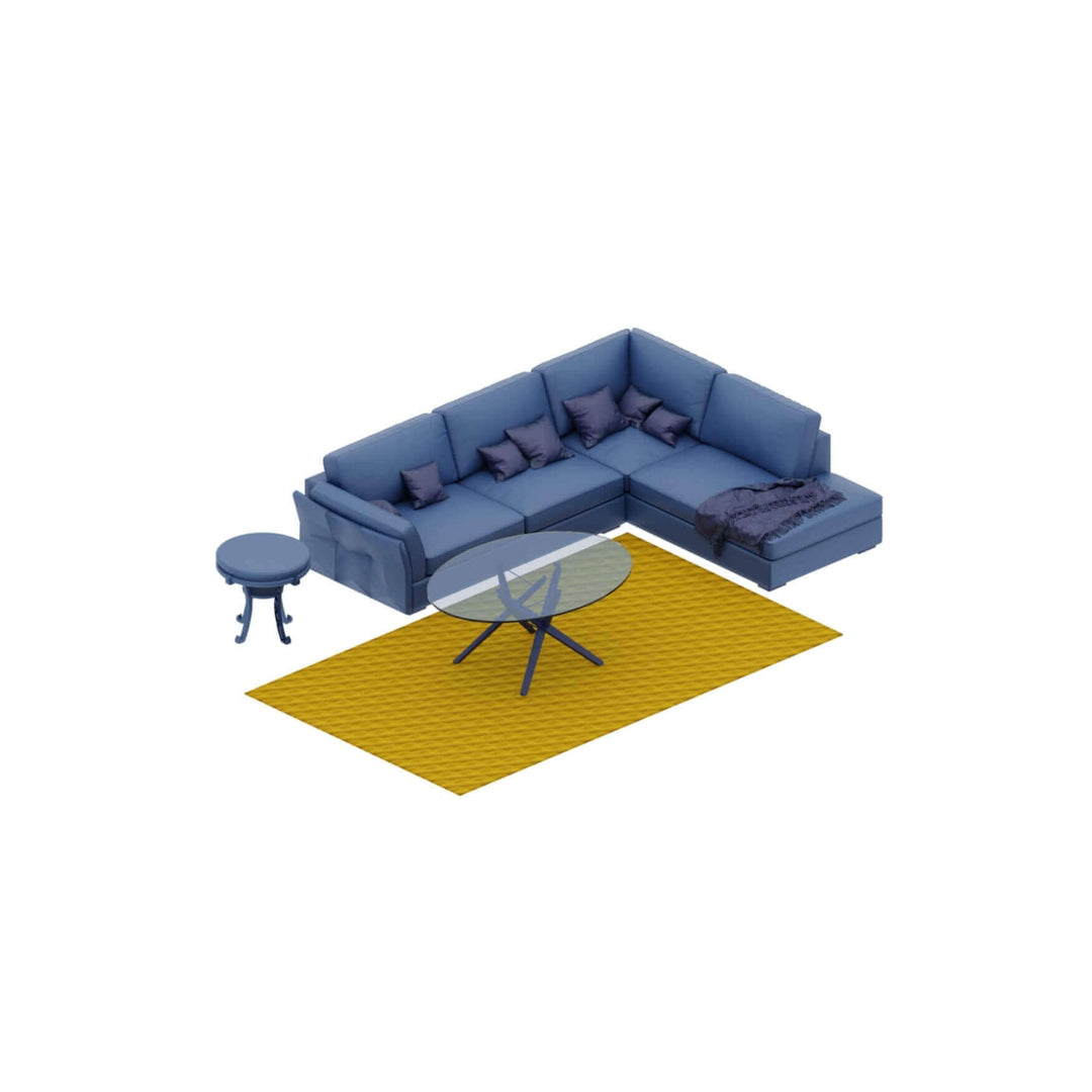 A modern blue sectional sofa with cushions, glass coffee table, and round side table on a yellow area rug.