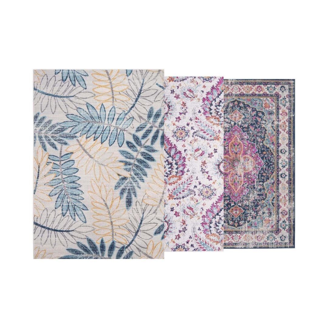 Three decorative rugs featuring floral and geometric patterns in various colors, ideal for home decor.