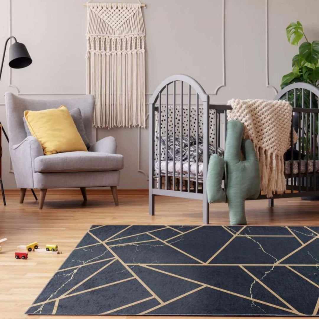 Stylish nursery with geometric rug, crib, and cozy armchair, featuring a modern and warm decor.