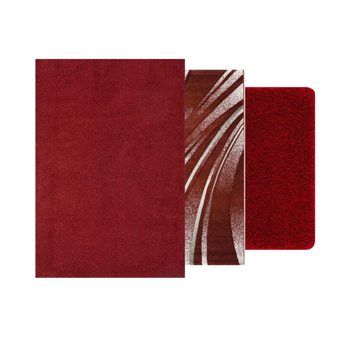 Three red area rugs showcasing different textures and designs, perfect for home decor.