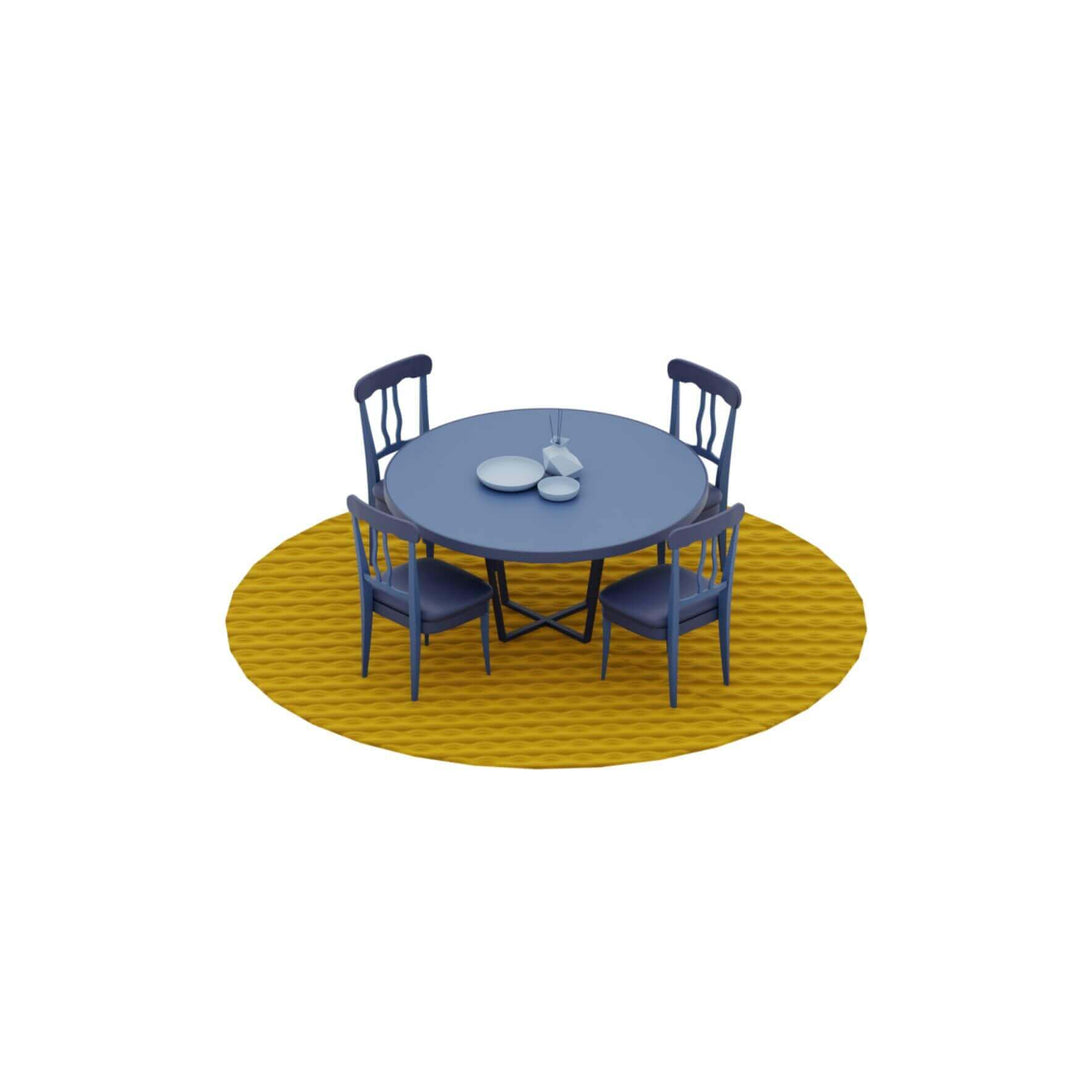 Round blue dining table with three chairs on a yellow textured rug, ideal for modern interiors.