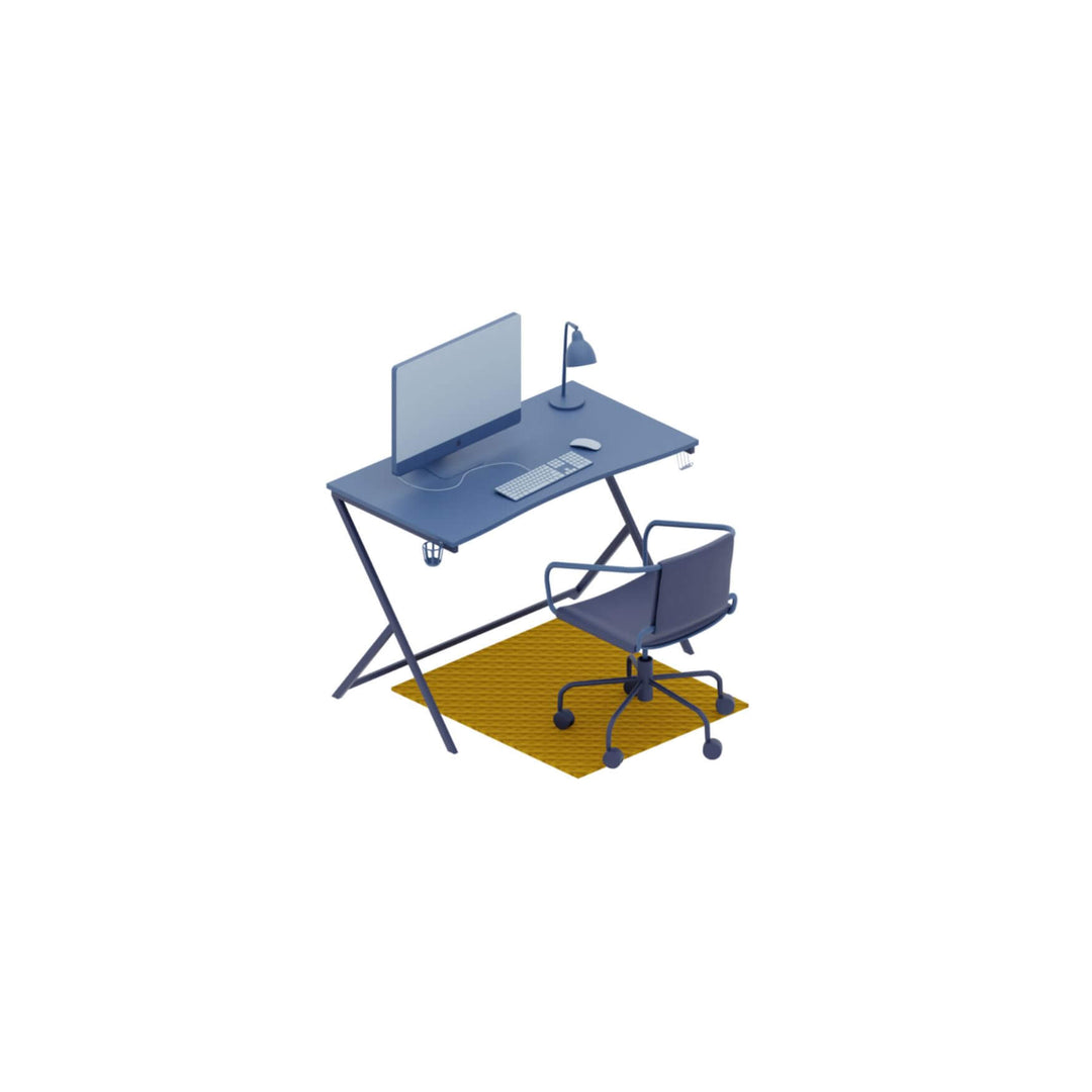 Modern desk setup with a computer, lamp, and ergonomic chair on a yellow rug.