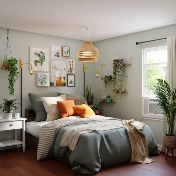 Cozy bedroom with green walls, stylish decor, plants, and warm lighting, featuring a plush bed with orange and beige accents.