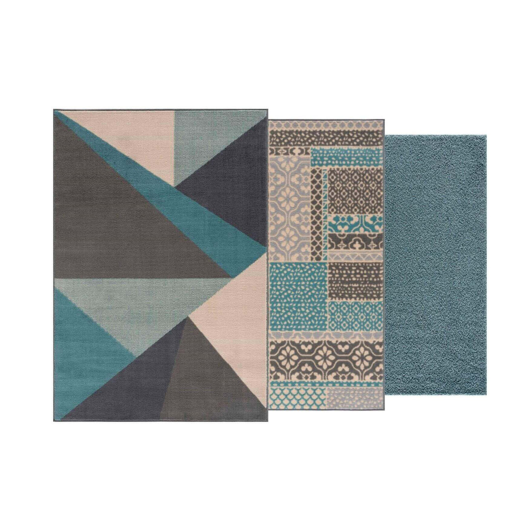 Colorful geometric rugs in various patterns and textures, featuring teal and neutral tones, ideal for modern decor.