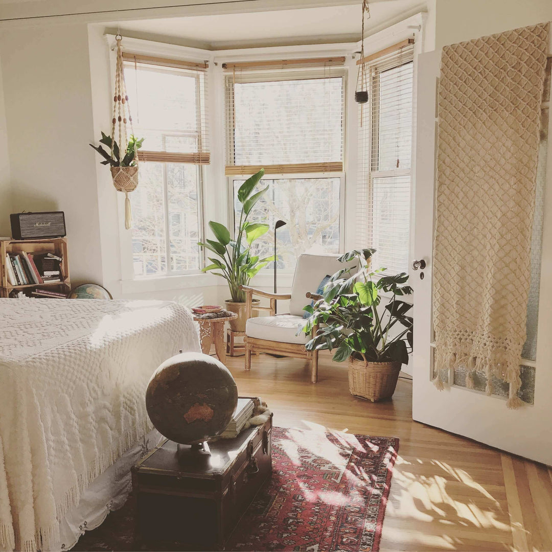 Cozy bedroom corner with plants, a vintage globe, and sunlight streaming through bay windows.