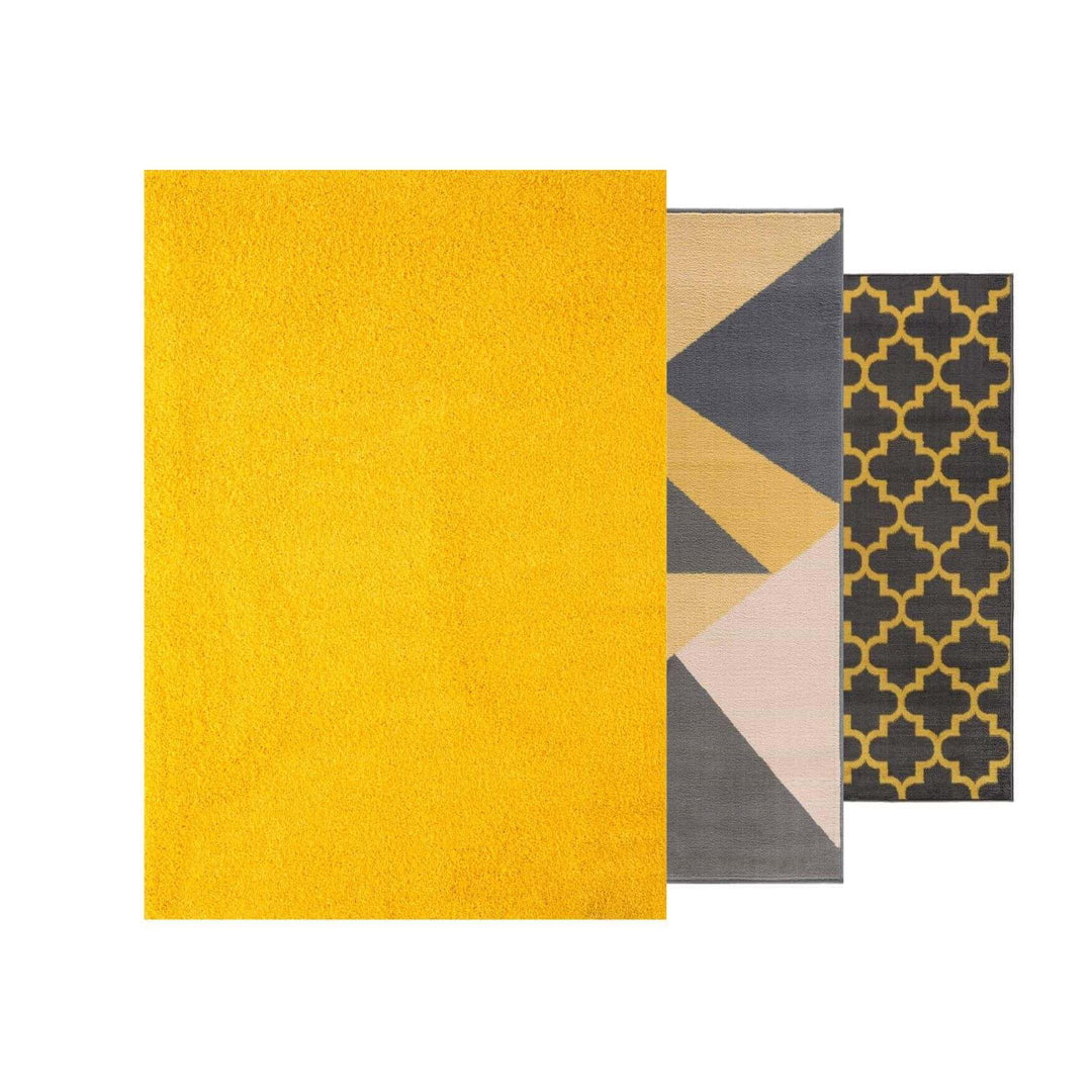 Three stylish area rugs featuring a bright yellow rug and geometric designs in gray and yellow.