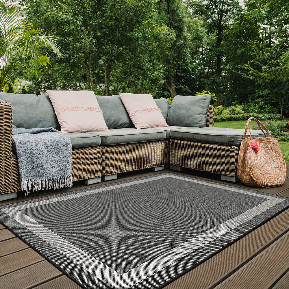 Bordered Design Reversible Outdoor Rug in Grey & Orange