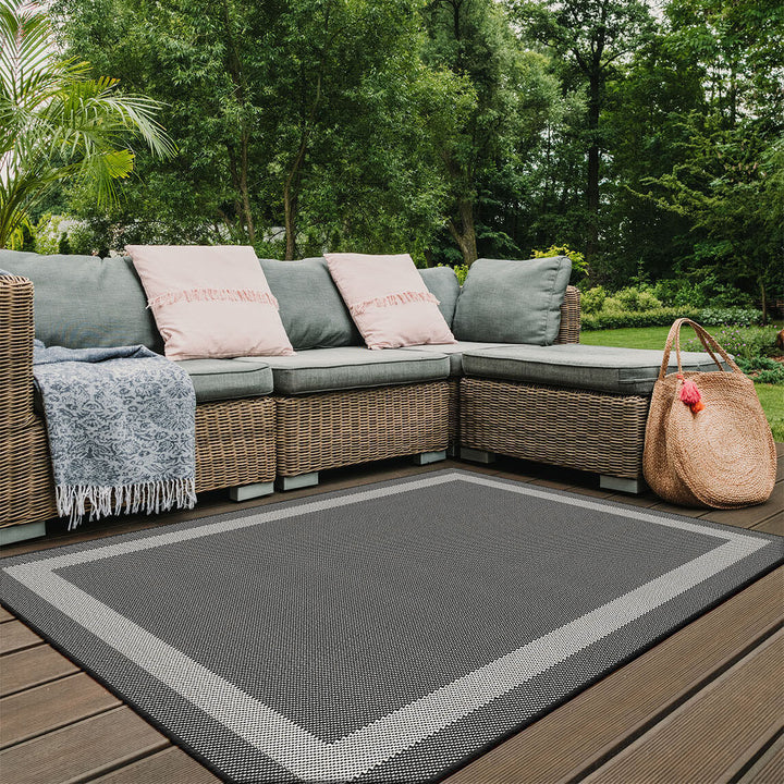 Bordered Design Reversible Outdoor Rug in Grey & Orange