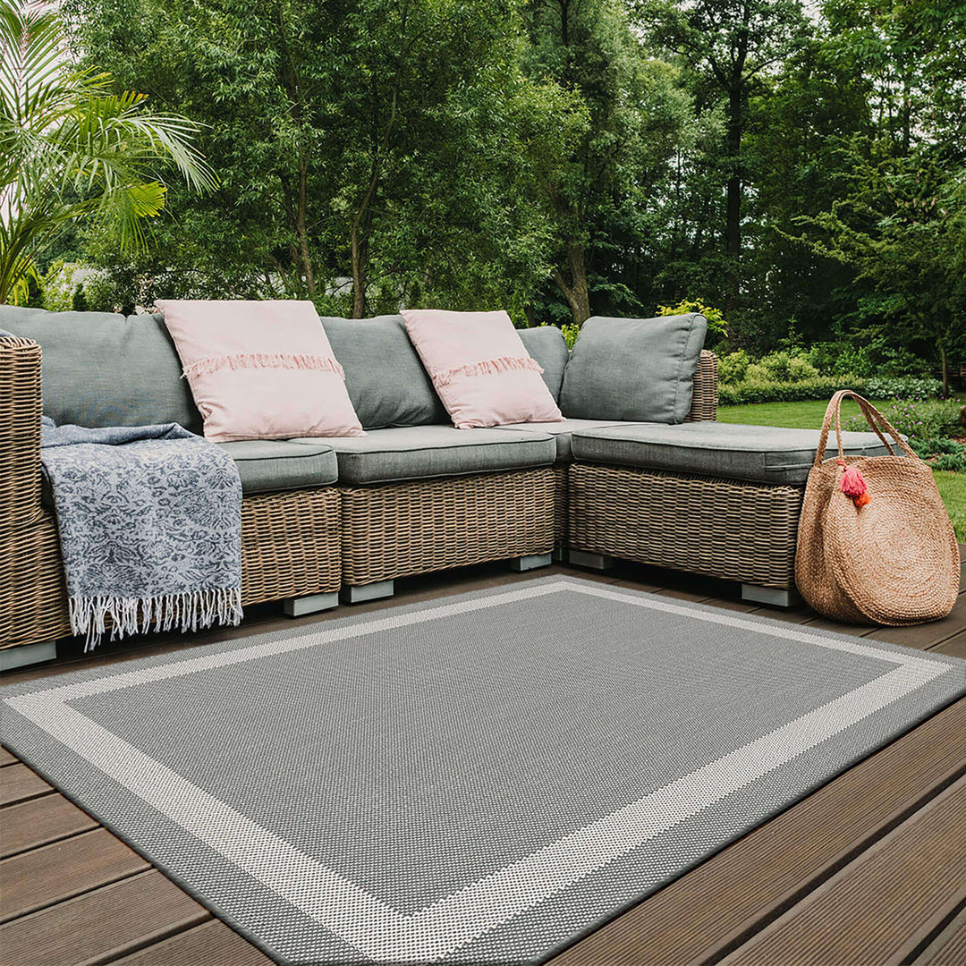 Bordered Design Reversible Outdoor Rug in Grey & Orange
