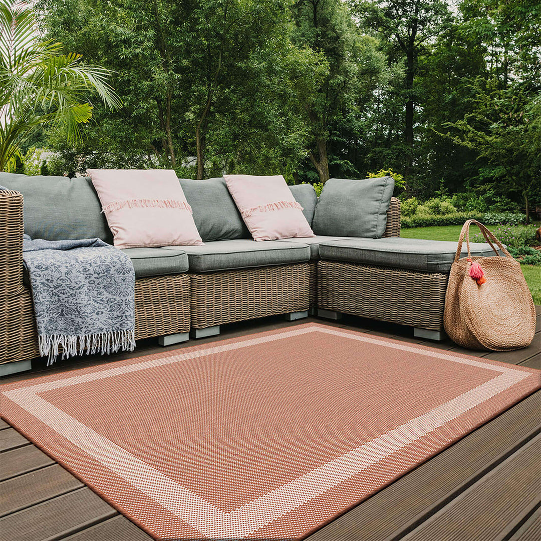 Bordered Design Reversible Outdoor Rug in Grey & Orange