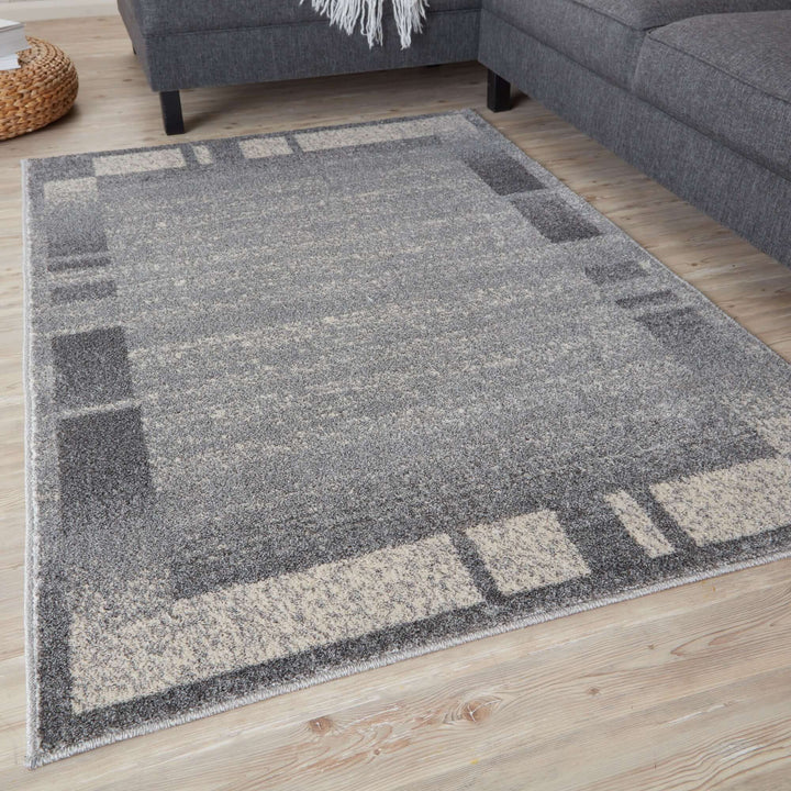 Modern Living Room Rug Bordered Grey Cream | The Rugs
