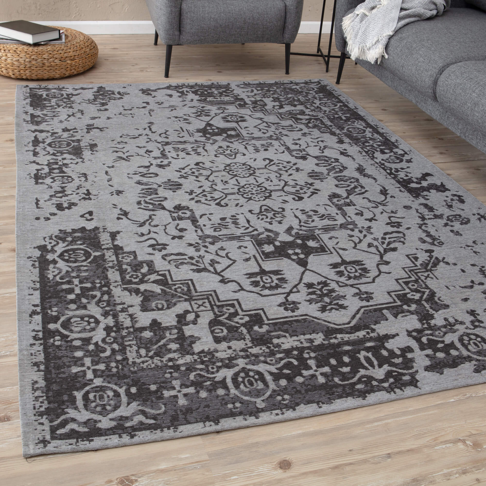 Raia Charcoal and Grey Tribal Distressed Washable Rug