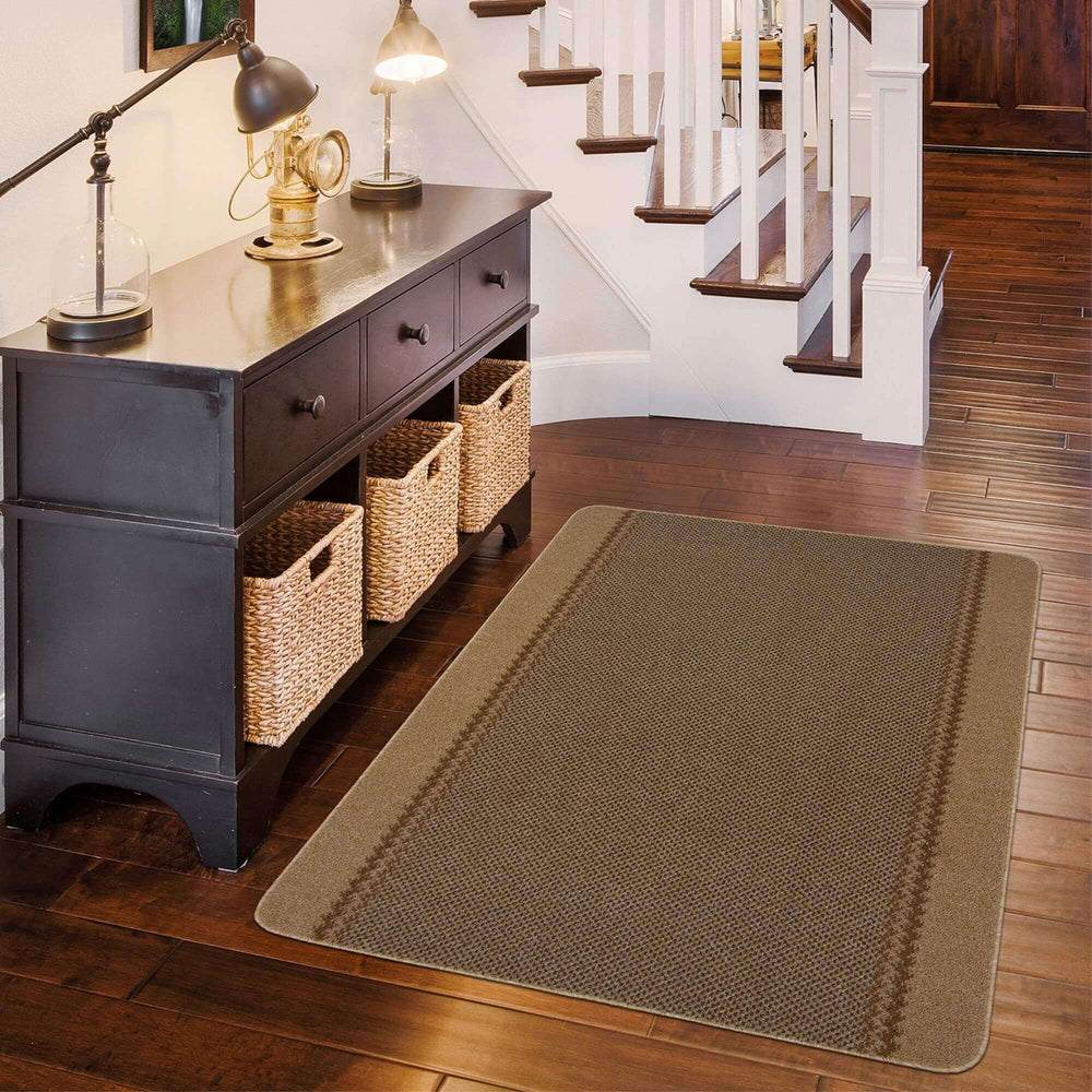 Machine Washable Designer Mats Bordered Line Design Beige