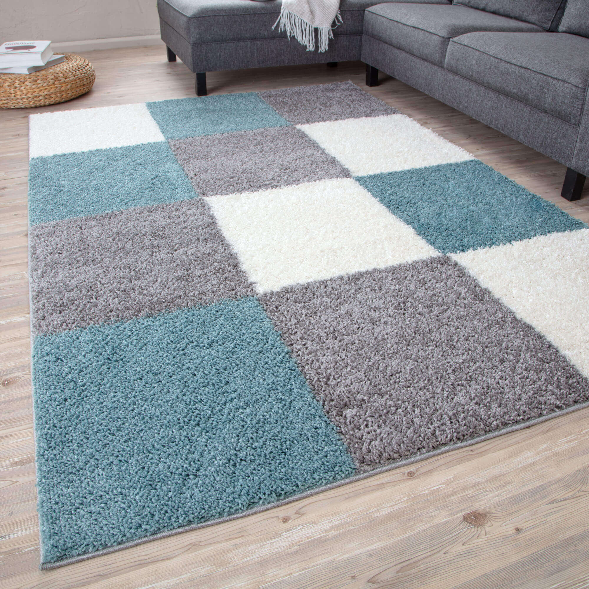 Geometric Design Thick Shaggy Area Rugs Duck Egg Blue The Rugs